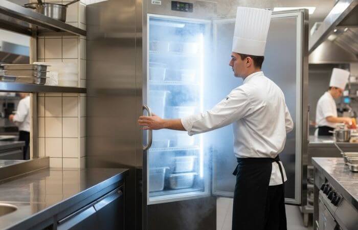 Chef en cuisine devant un congélateur professionnel