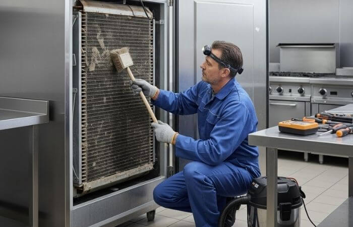 Technicien vérifiant un condenseur