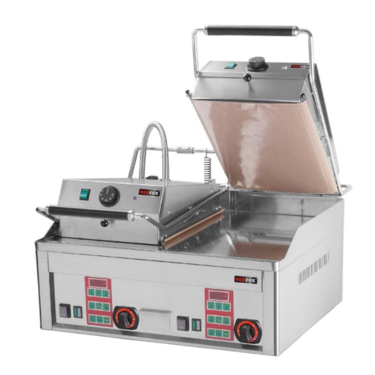 Grillade Clam Double – Plaque Snacker Chrome & 2 Presses Supérieures – 12kW – Redfox