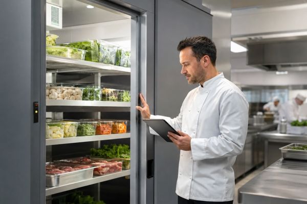 Professionnel CHR évaluant une chambre froide pour optimiser stockage et consommation