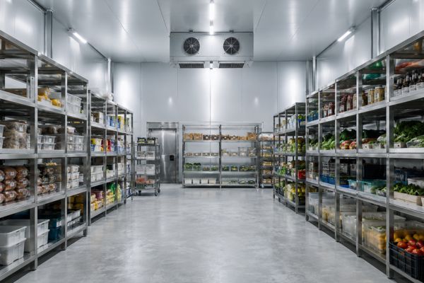 Grande chambre froide maçonnée intégrée à une cuisine centrale avec rayonnages inox