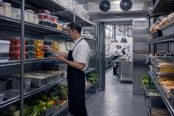 Employé d’hôtel contrôlant les stocks dans une chambre froide professionnelle de grande capacité