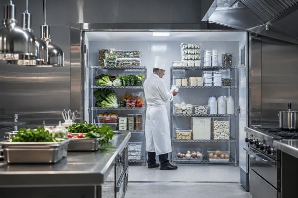 Chef contrôlant les stocks dans une chambre froide professionnelle organisée