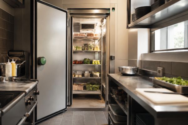 Mini chambre froide professionnelle compacte dans une petite cuisine CHR bien organisée