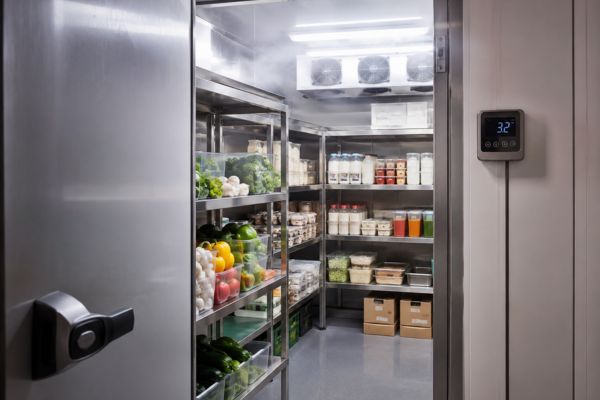 Intérieur d’une chambre froide positive avec produits frais rangés sur rayonnages inox